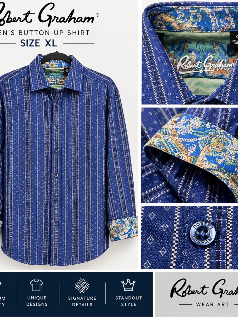 Robert Graham Blue Patterned Long-Sleeve Button-Up Shirt with Contrast Trim